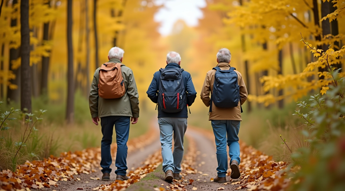 Seniori iet pa meža taku, skaidrs laiks, rudens krāsas